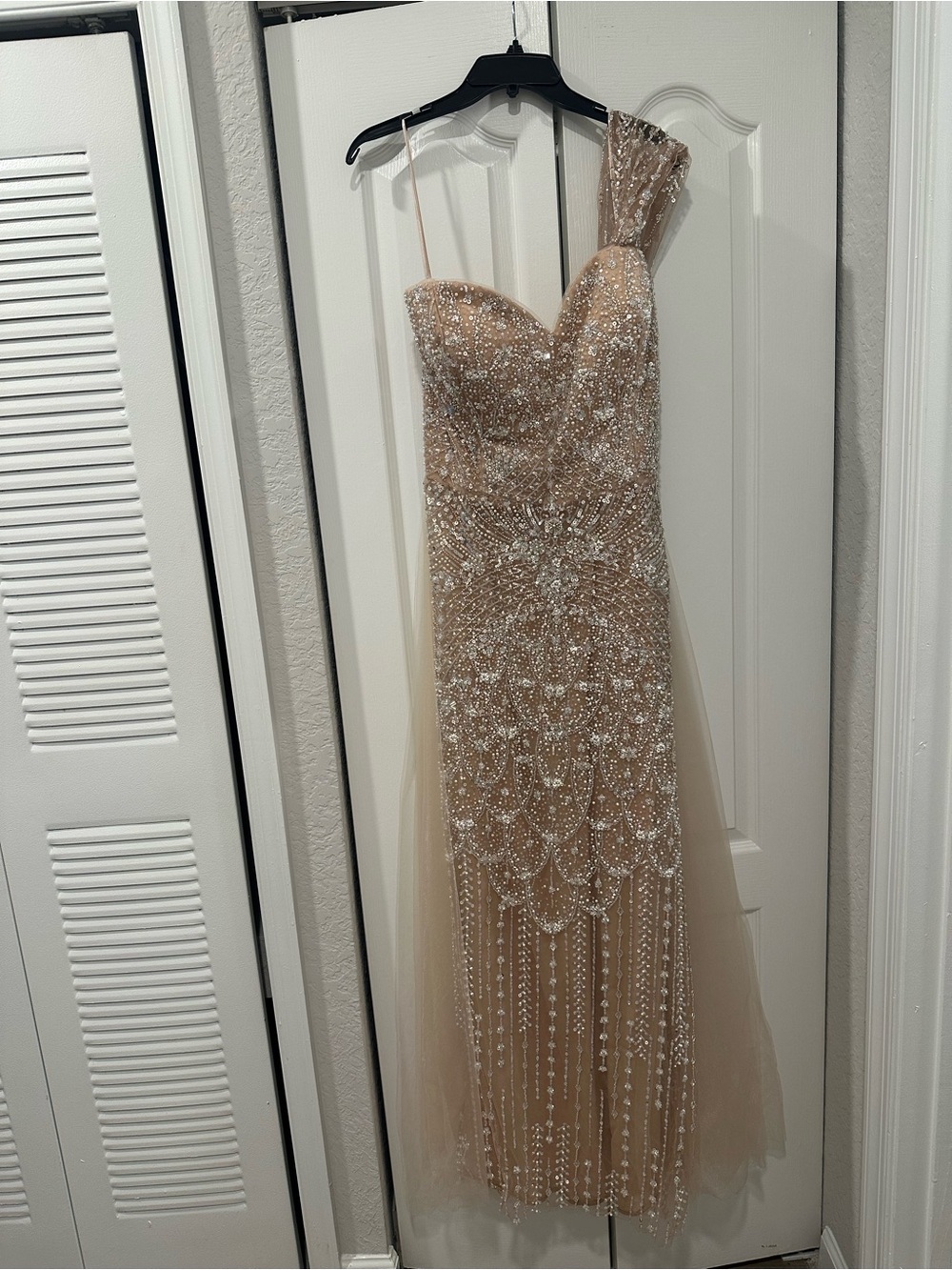 Champagne, stunning beaded shawl, heart shaped,
Chiffon beige train in back.